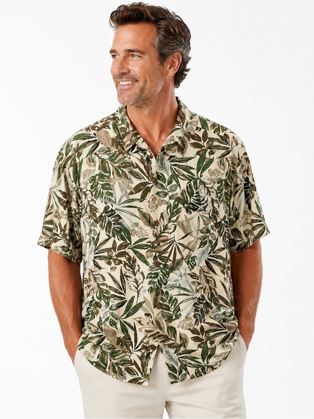 Tommy Bahama 100% Silk Hawaiian Camp Shirt XL Tropical Leaf Print Green Beige